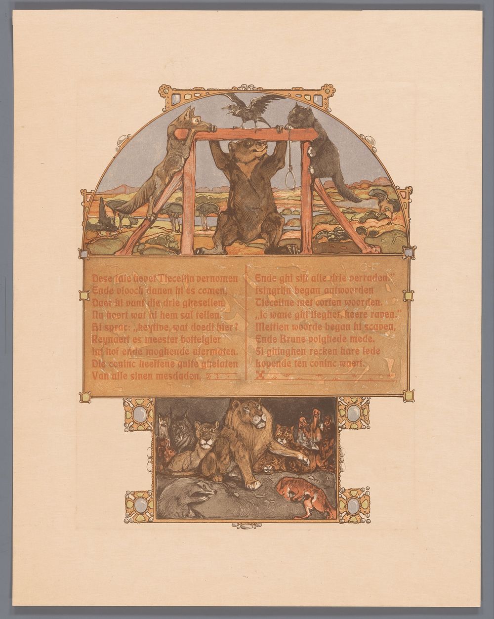 Vos (Reinaert), beer (Bruun), kat (Tybeert) en raaf (Tiecelijn) bij galg (1910) by Bernard Willem Wierink