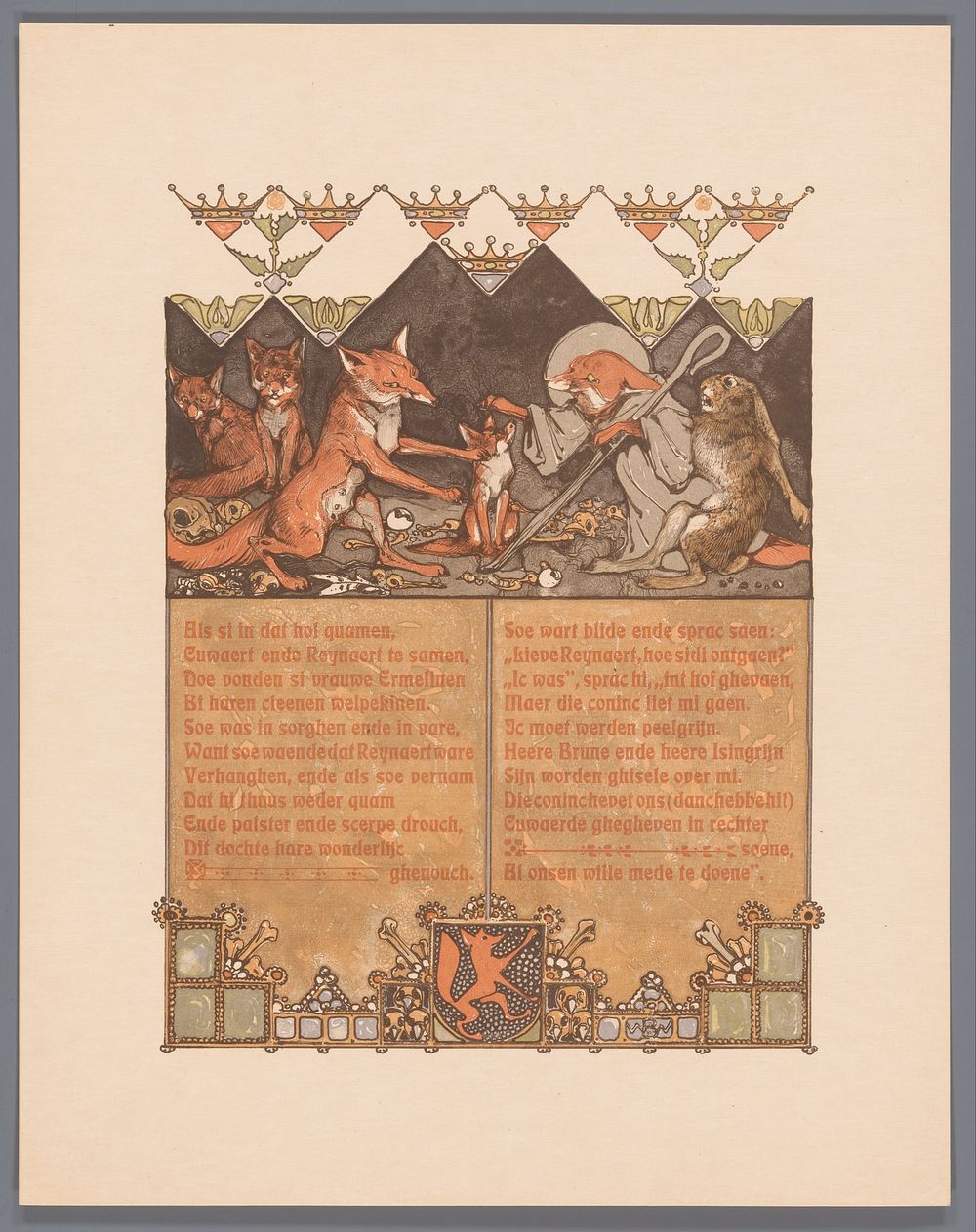 Vos in monnikspij (Reinaert) met haas (Cuwaert) bij vossin (Hermeline) en welpen in vossenhol (1910) by Bernard Willem…