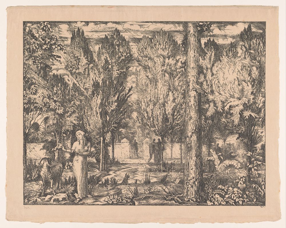 Vrouw en ram in ommuurde tuin (1907) by Willem van Konijnenburg