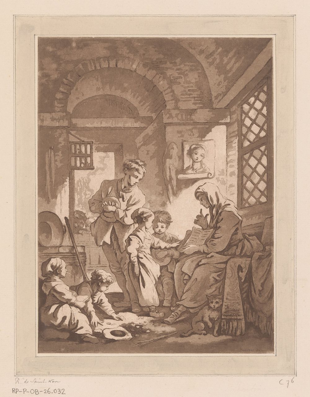 Boereninterieur met vrouw die een boek laat zien aan vijf kinderen (1766) by Richard de Saint Non and François Boucher