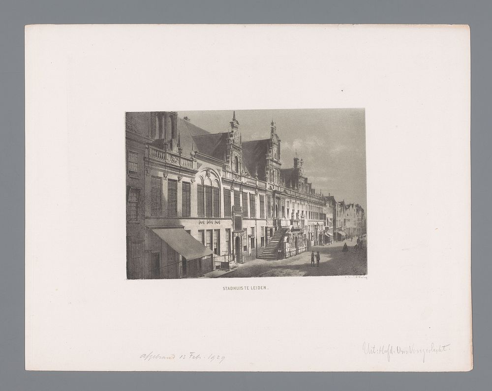 Straat met het stadhuis in Leiden (1864) by anonymous, Koninklijke Nederlandse Steendrukkerij van C W Mieling and Arie…