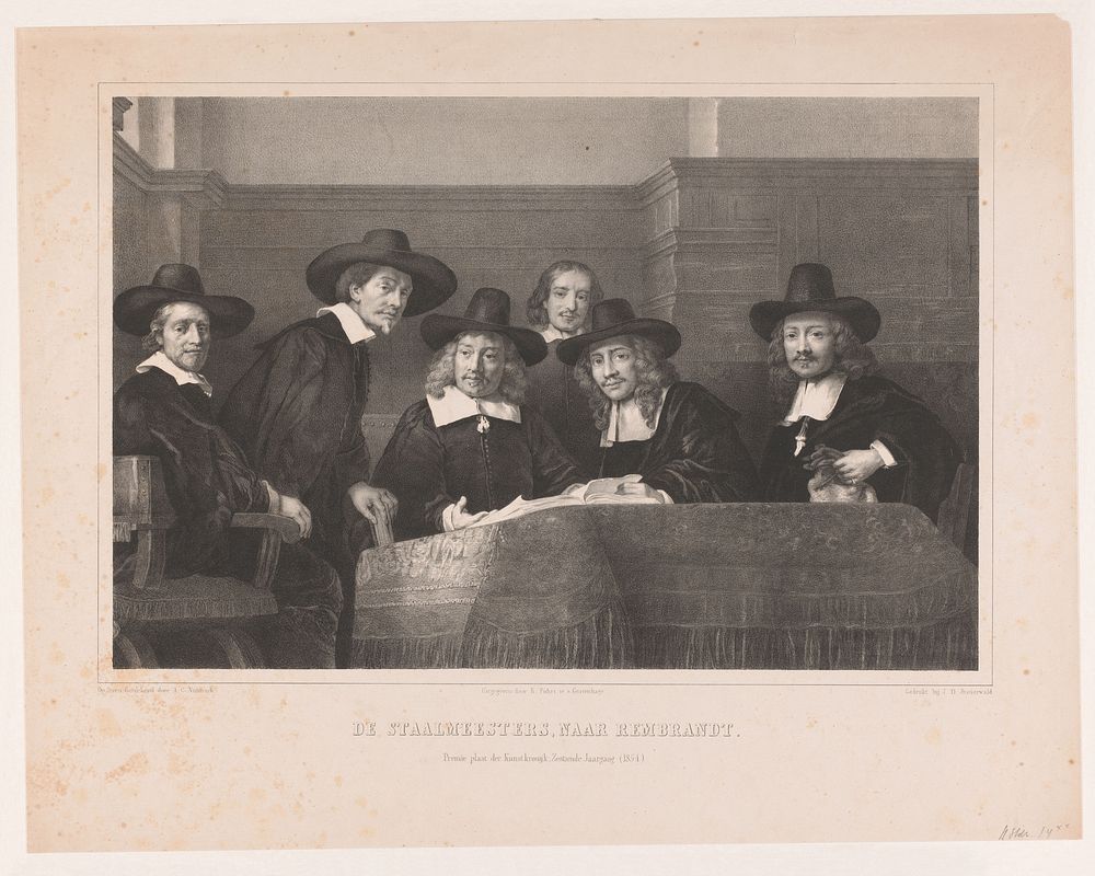 De Staalmeesters: het college van staalmeesters (waardijns) van het Amsterdamse lakenbereidersgilde (1854) by Adolf Carel…