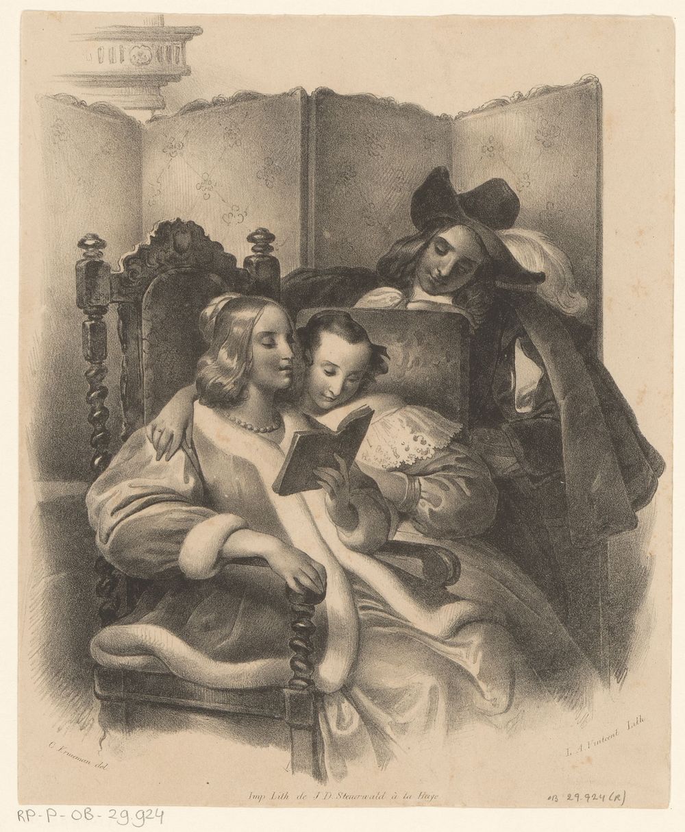 Twee lezende vrouwen en man die meekijkt (1833 - 1842) by Lodewijk Anthony Vintcent, Cornelis Kruseman and Jan Dam Steuerwald