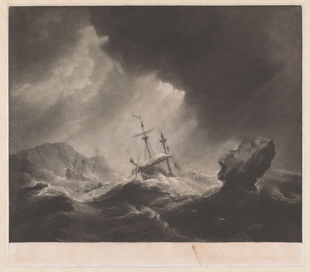 Storm op zee met schipbreuk en zinkend schip (1758 - 1790) by James Watson prentmaker and Willem van de Velde II