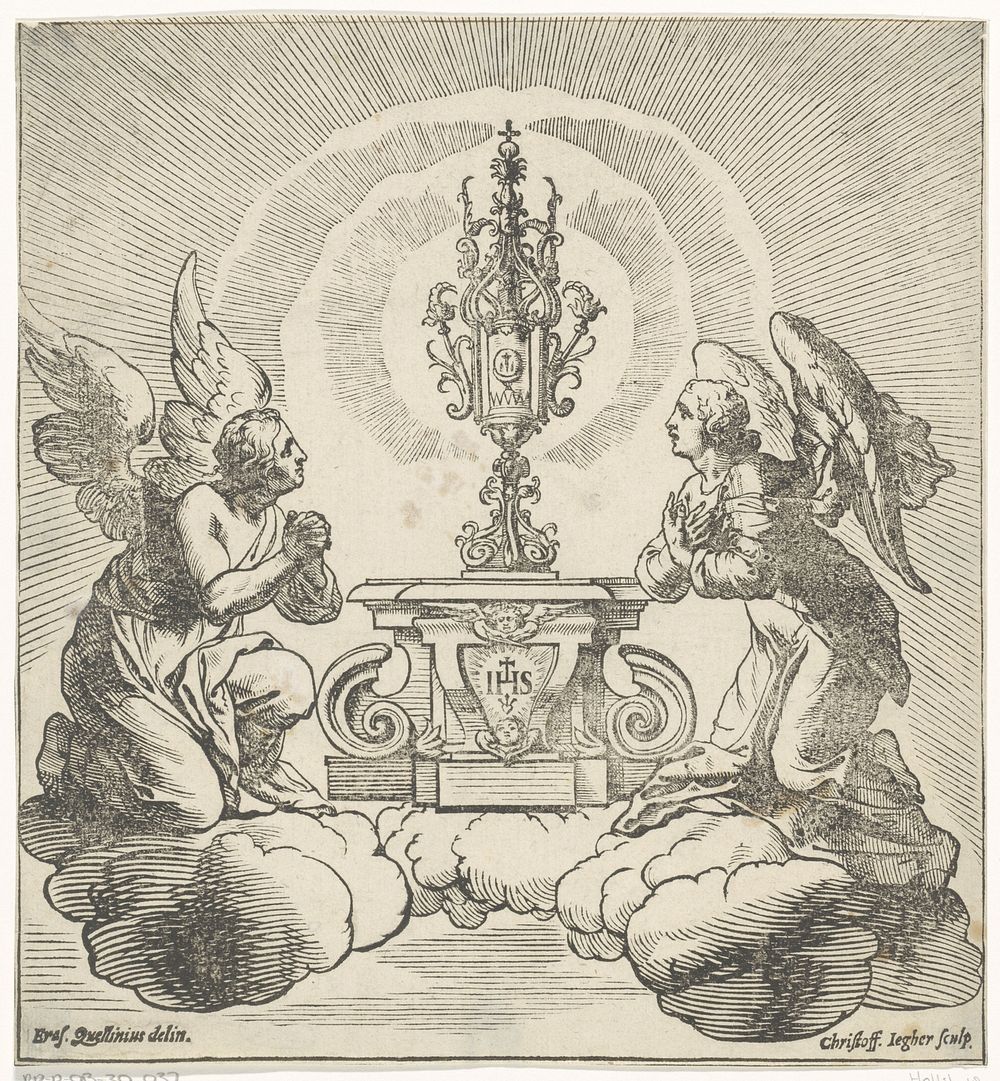 Twee engelen aanbidden de hostie (1632 - 1653) by Christoffel Jegher and Erasmus Quellinus II