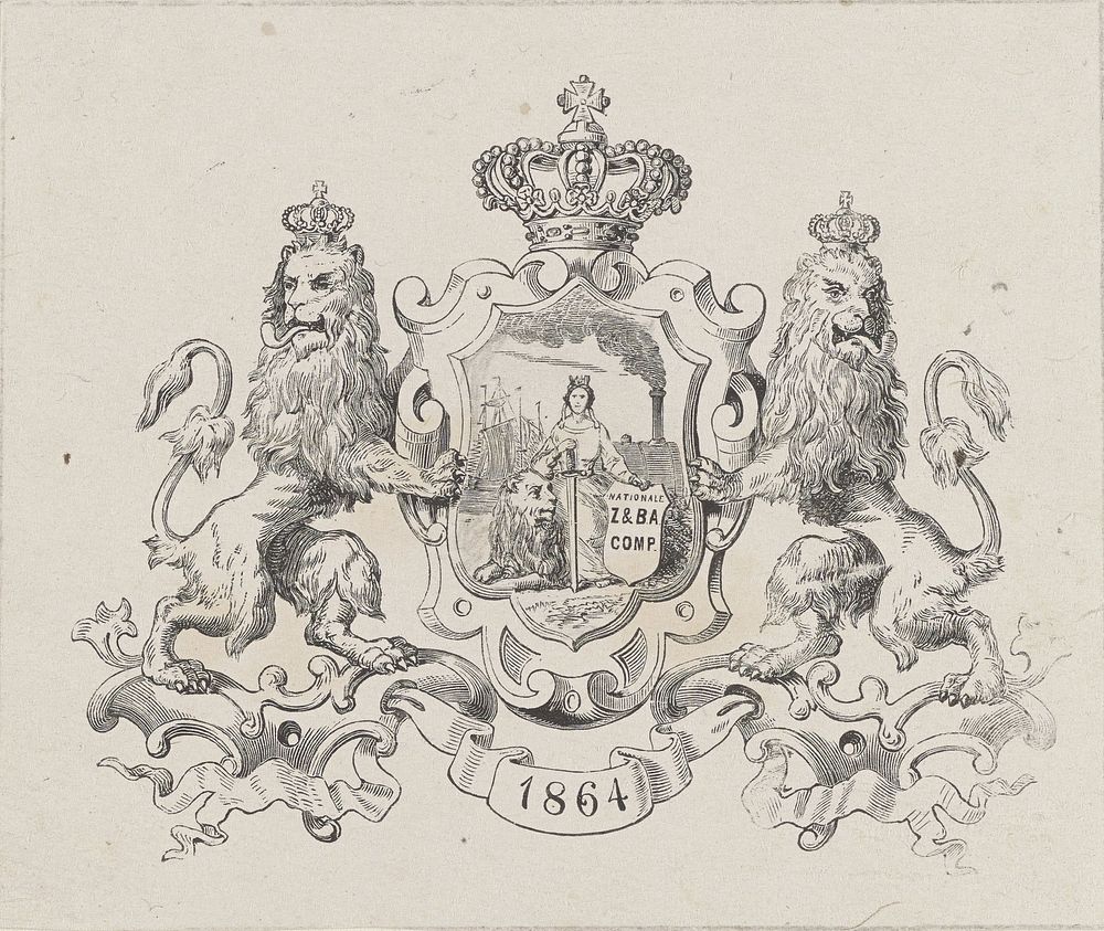 Nederlandse Maagd en de Nederlandse Leeuw in een geornamenteerde omlijsting met een kroon, twee leeuwen en het jaartal…