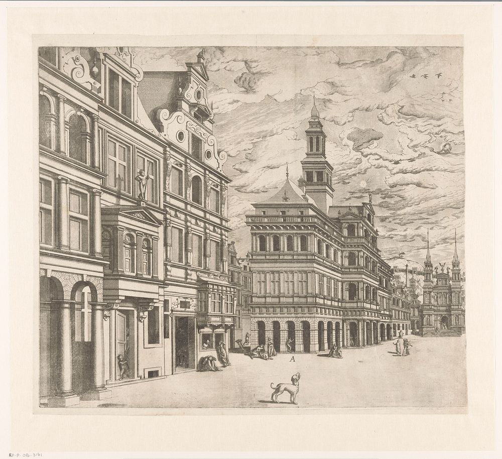 Gezicht op een plein met monumentale bouwwerken (1547 - 1578) by Joannes van Doetechum I, Lucas van Doetechum, Hans Vredeman…