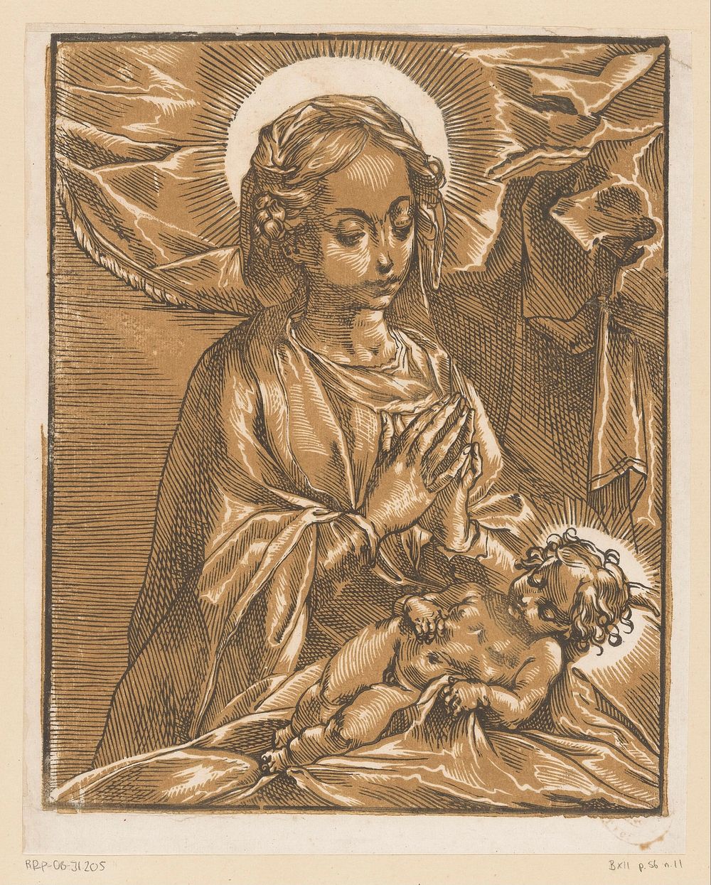 Maria aanbidt het Christuskind (c. 1595) by Andrea Andreani, anonymous and Francesco Vanni