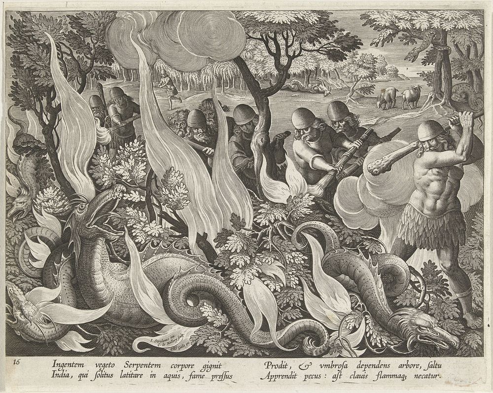Jacht op waterslangen in India (1594 - 1598) by Karel van Mallery, Jan van der Straet, Philips Galle and Cornelis Kiliaan