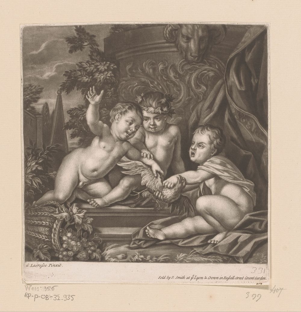 Drie cupido's met een vogel (1662 - 1742) by John Smith prentmaker uitgever, Gerard de Lairesse and John Smith prentmaker…