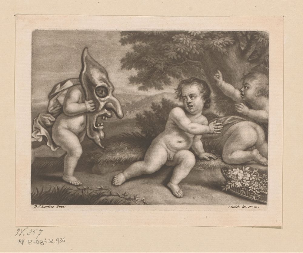 Drie putti schrikken van een putto met een grotesk masker (1662 - 1742) by John Smith prentmaker uitgever, Balthasar van…