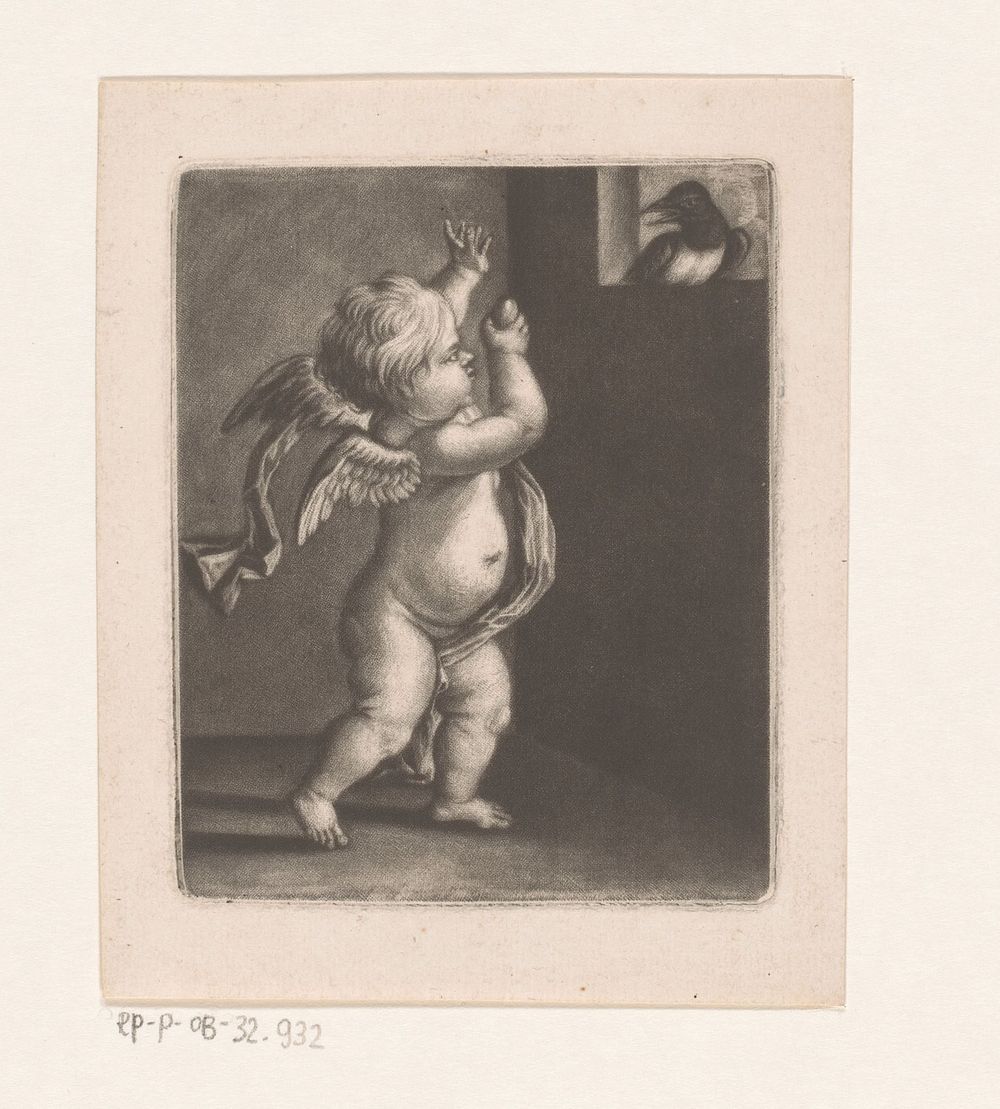 Cupido met een ei en ekster (1662 - 1742) by John Smith prentmaker uitgever