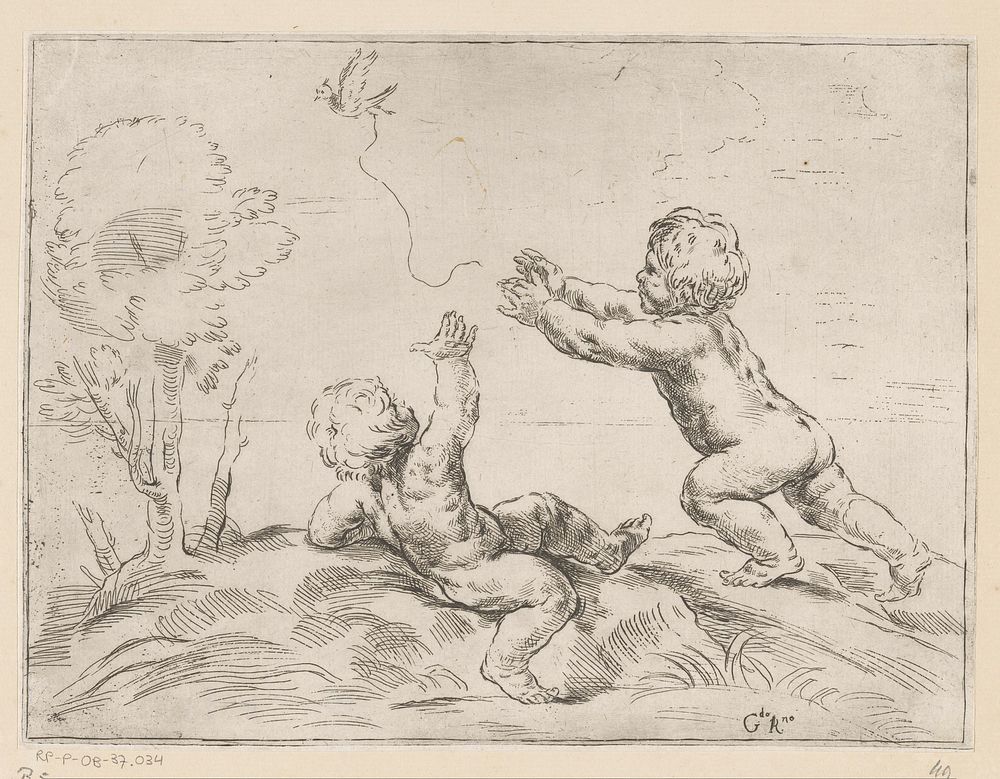 Twee kinderen met een vogel spelend (1632 - 1664) by Girolamo Rossi I and Guido Reni