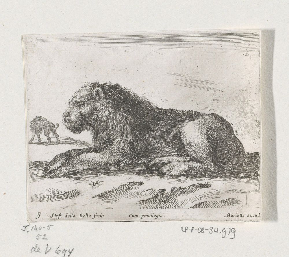 Liggende leeuw (1620 - 1664) by Stefano della Bella, Pierre Mariette I and Franse kroon