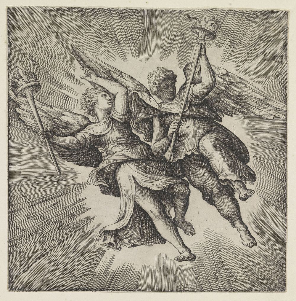 Twee engelen met brandende toortsen (1520 - 1561) by Battista Franco