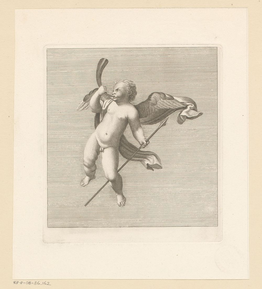 Putto met speer en hoorn (1713) by Giovanni Girolamo Frezza, Petrus Ferlonus and Domenichino