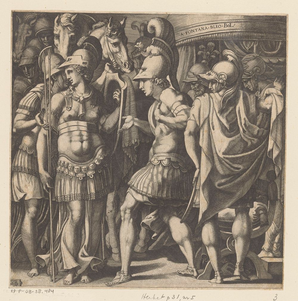 Alexander ontvangt Talestris (1529 - 1542) by Monogrammist FG and Francesco Primaticcio