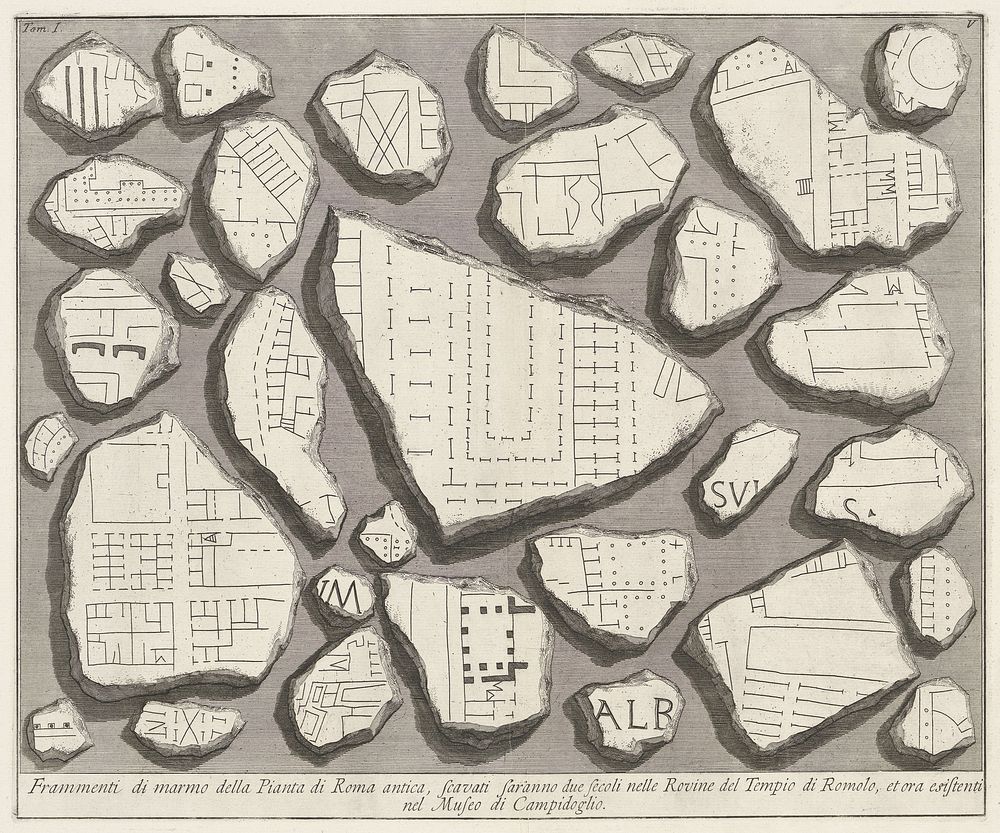 Marmerfragmenten met delen van een plattegrond van Rome (c. 1756 - c. 1757) by Giovanni Battista Piranesi and Giovanni…