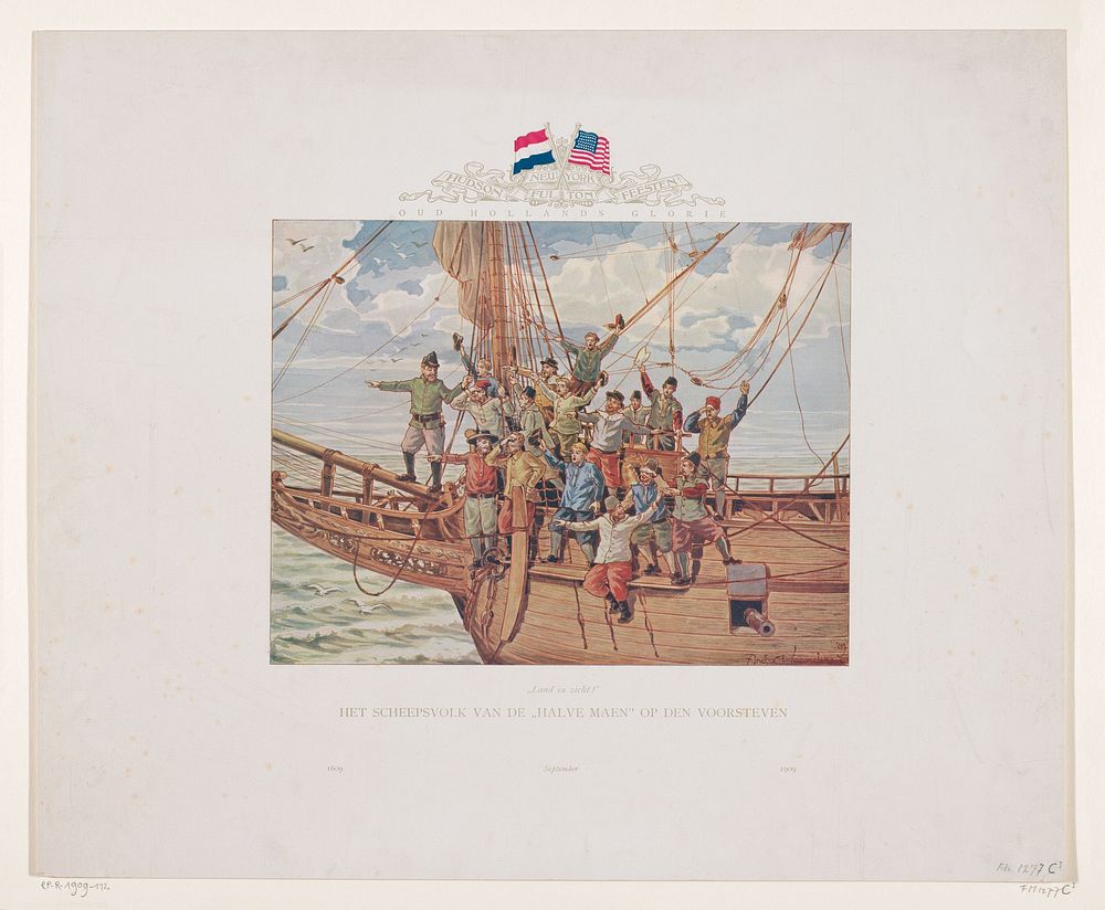 Het schip van Henry Hudson, de Halve Maen, nadert de Noord-Amerikaanse kust, 1609 (1909) by André Vlaanderen
