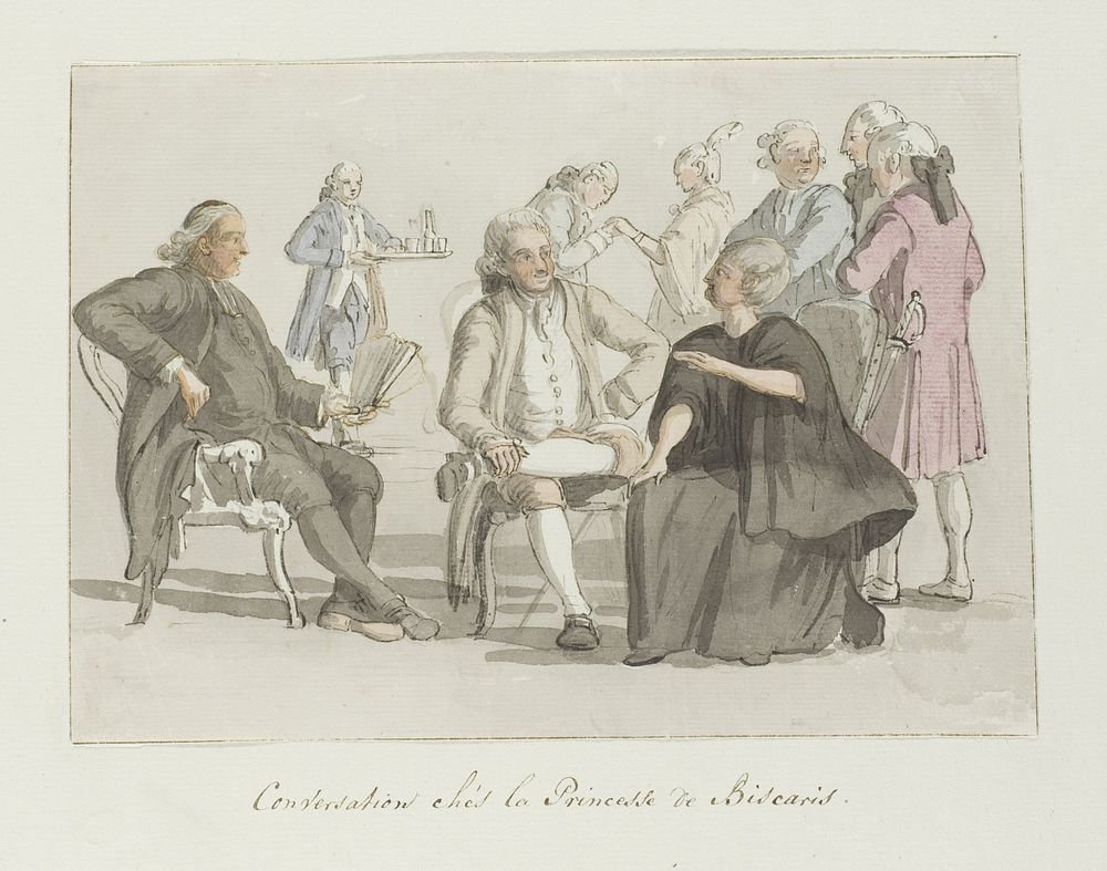 Leden van het reisgezelschap in gesprek met de prinses van Biscaris (1778) by Louis Ducros