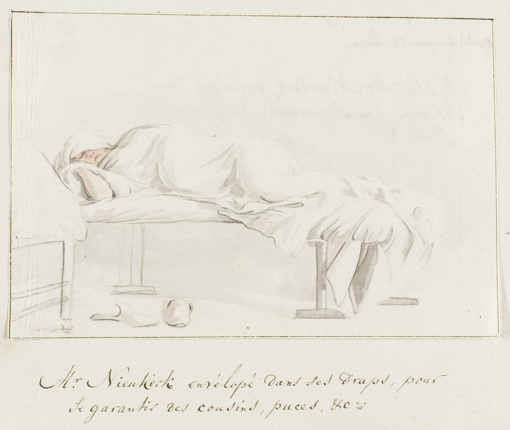 Willem Hendrik van Nieuwerkerke ligt gewikkeld in laken op bed om zich te beschermen tegen muggen en vlooien (1778) by Louis…