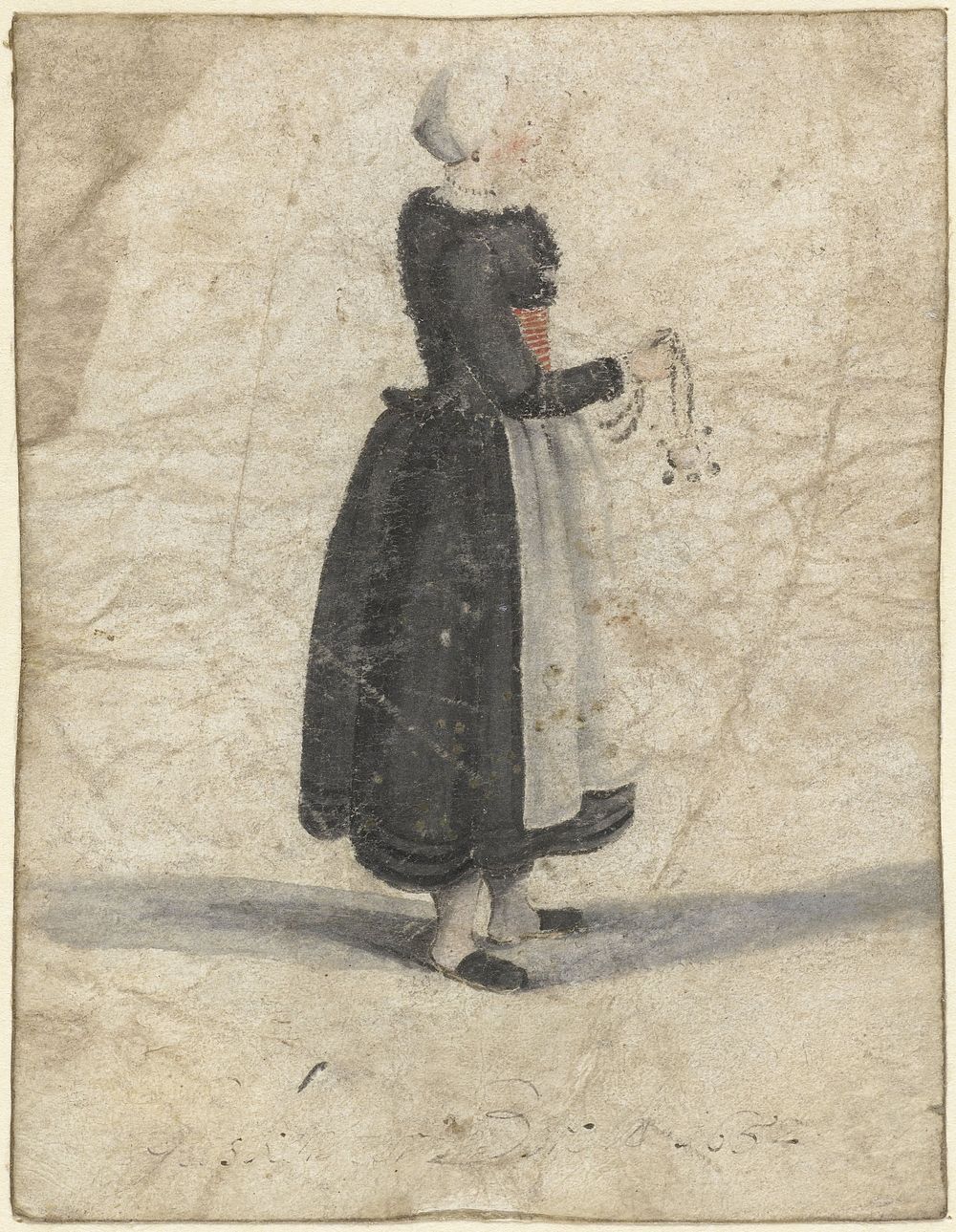 Noord-Hollandse vrouw staand met een ornament of tas in de hand (1652) by Gesina ter Borch