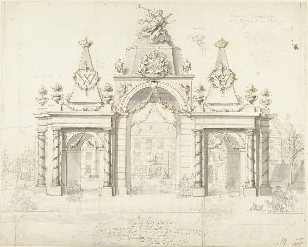 Erepoort op het Buitenhof voor de intrede van Willem V en Wilhelmina van Pruisen, 1767 (1768) by Dirk van der Aa