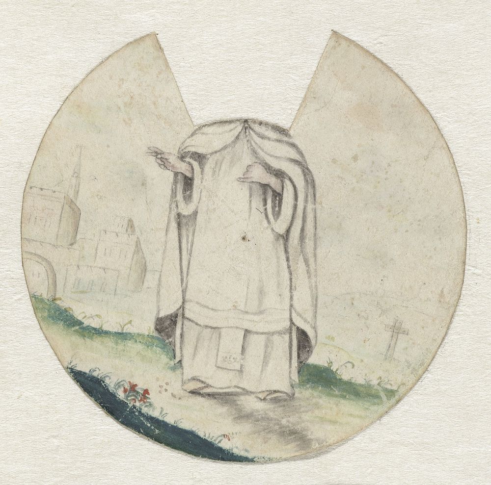 Staande katholieke geestelijke die een zegenend gebaar maakt, zonder hoofd (1600 - 1699) by anonymous