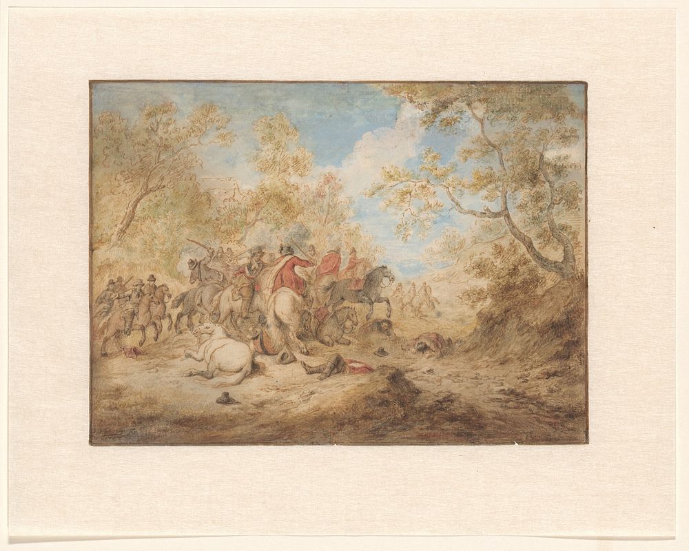 Landschap met vechtende ruiters (1743) by Gerardus Josephus Xavery