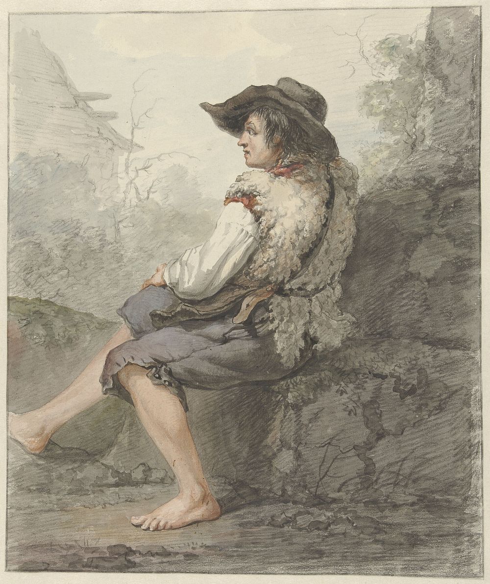 Zittende jongen met hoed en schapenvacht, naar links (1766 - 1815) by Jacob van Strij