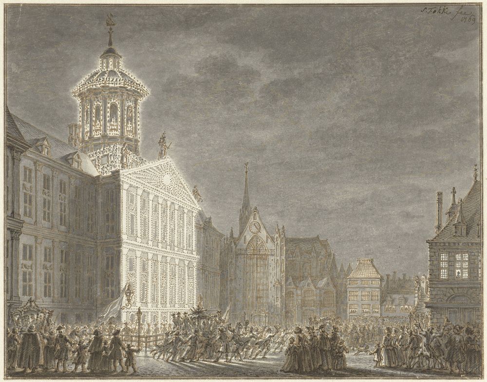 Illuminatie van het stadhuis voor Willem V en Wilhelmina van Pruisen, 1768 (1769) by Simon Fokke