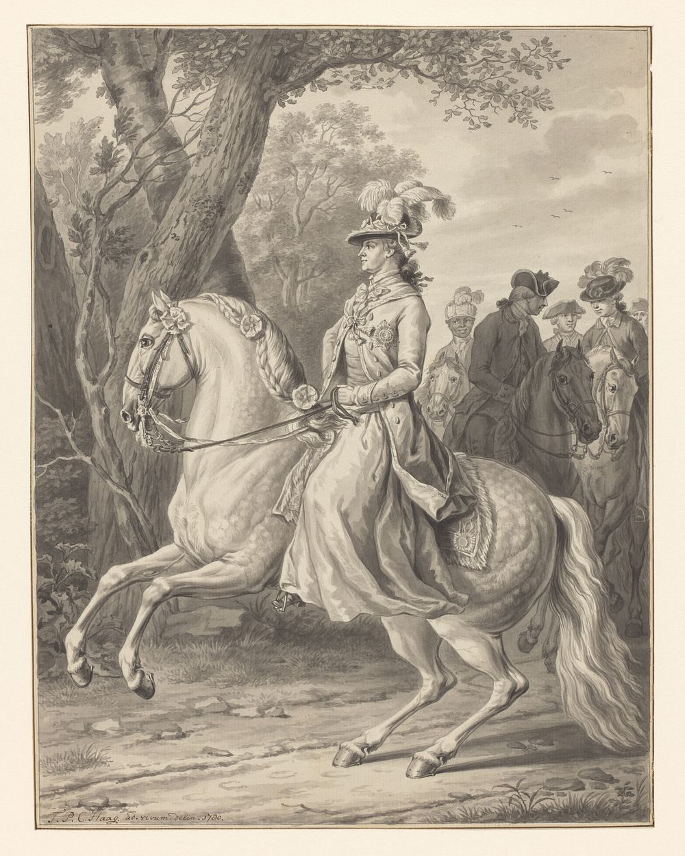 Wilhelmina van Pruisen, prinses van Oranje-Nassau, te paard (1780) by Tethart Philip Christian Haag
