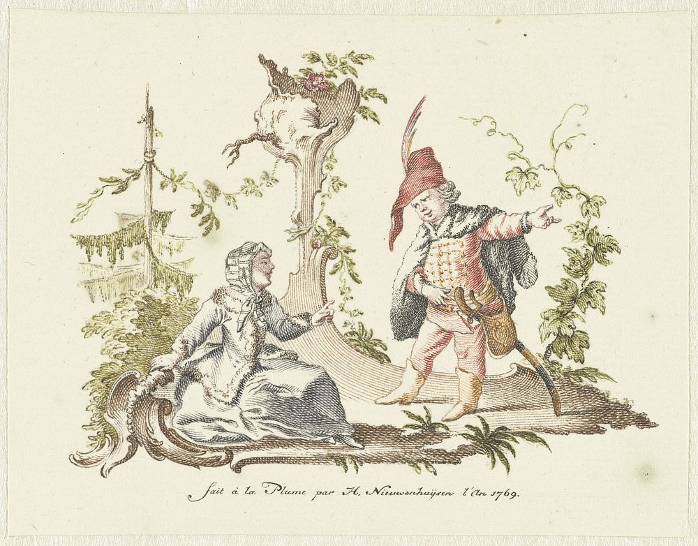 Ornament met staand mannetje bij zittende vrouw (1769) by Hendrik Nieuwenhuysen and anonymous