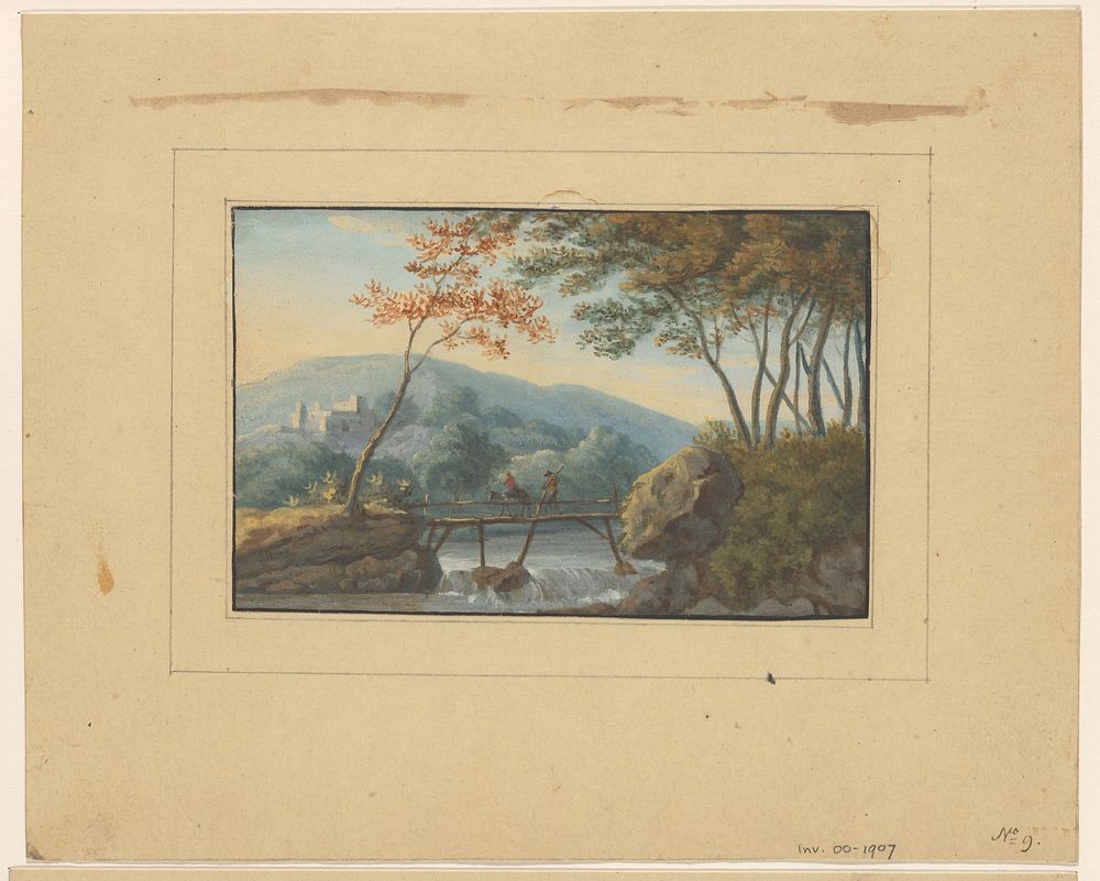 Landschap met twee reizigers op een houten brug (1700 - 1800) by anonymous