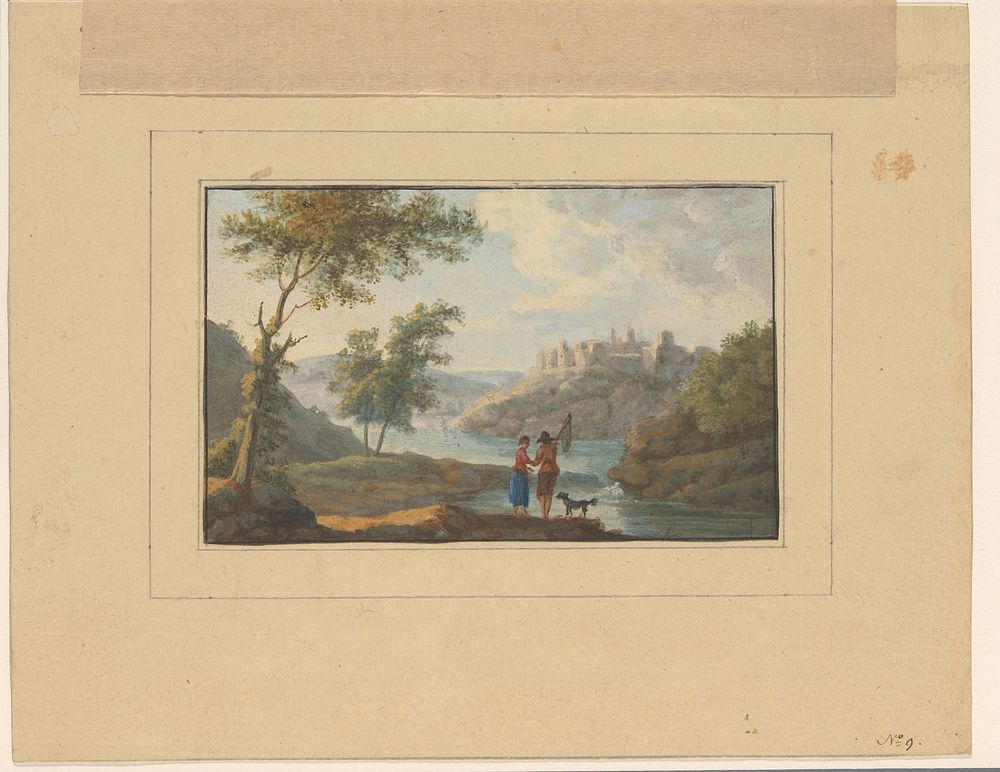 Rivierlandschap met een man, vrouw en hond op de voorgrond (1700 - 1800) by anonymous