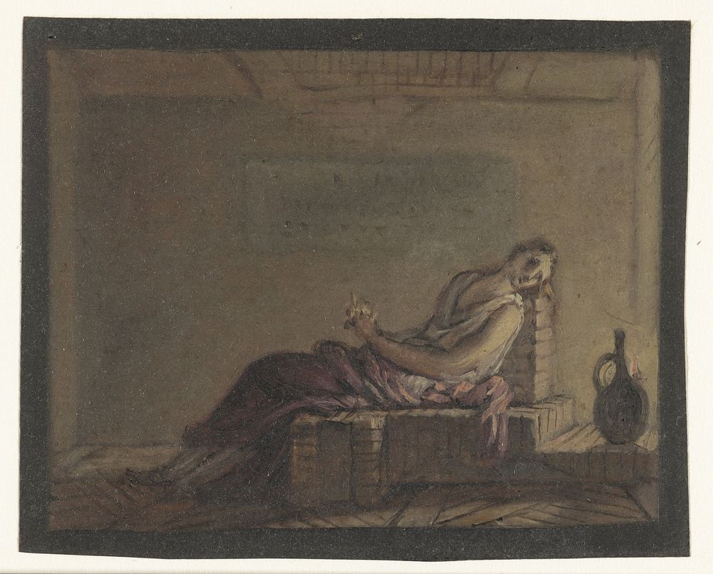 Vrouw zittend op haar bed in een cel (1700 - 1800) by anonymous