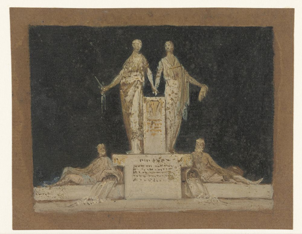 Monument met twee staande figuren en twee stroomgoden (1700 - 1800) by anonymous