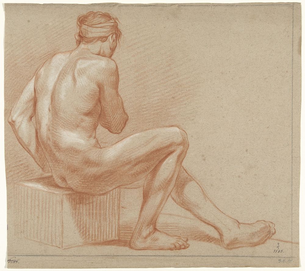 Mannelijk naakt, zittend op een blok, naar rechts (1700 - 1800) by anonymous