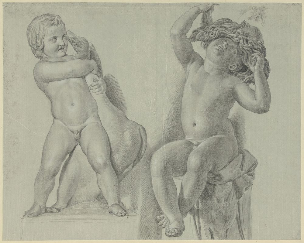 Twee studies naar beeldhouwwerken van kinderen (1765 - 1781) by Jean Grandjean and anonymous