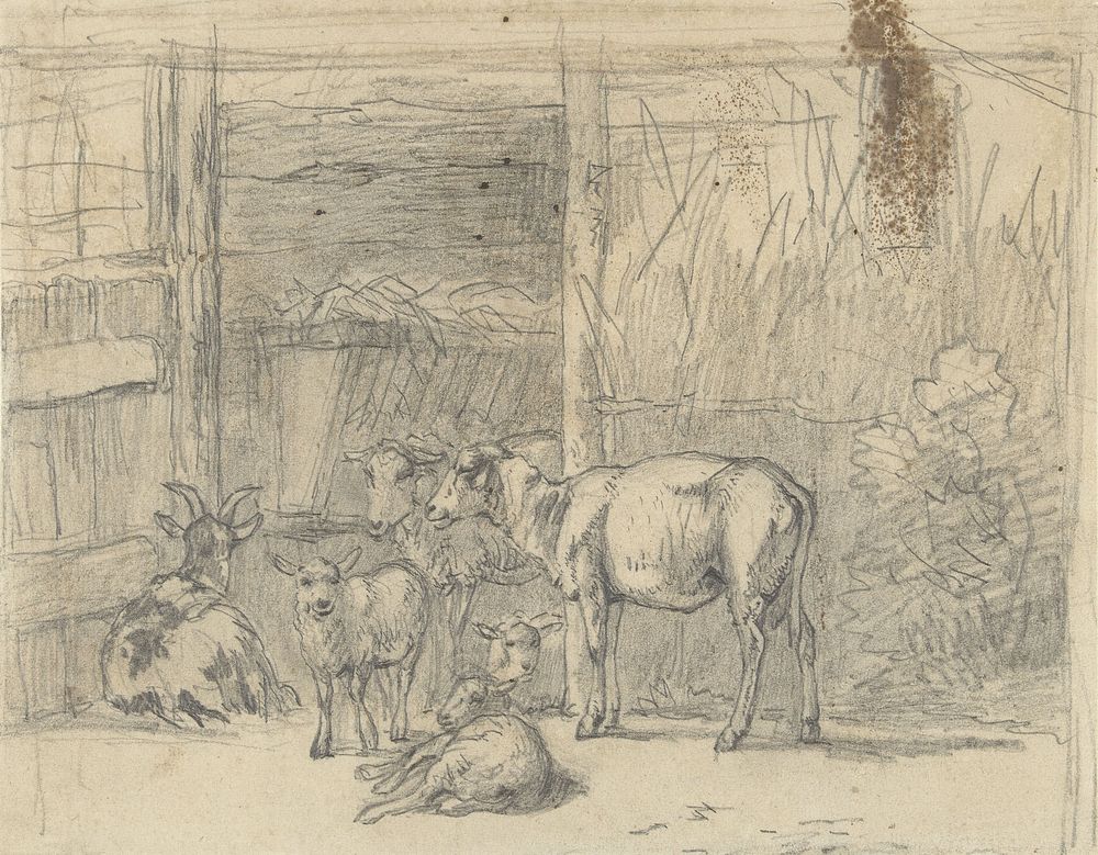 Schapen en een geit voor een stal (1822 - 1891) by Simon van den Berg