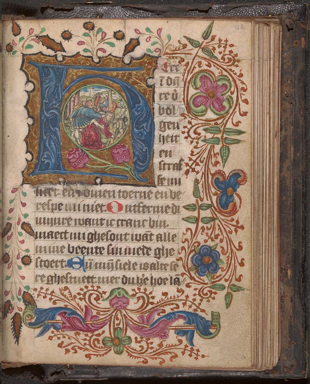 Getijdenboek met zeven gehistoriseerde initialen waarbij in het oog van de initialen gravures zijn geplakt, met gedecoreerde…