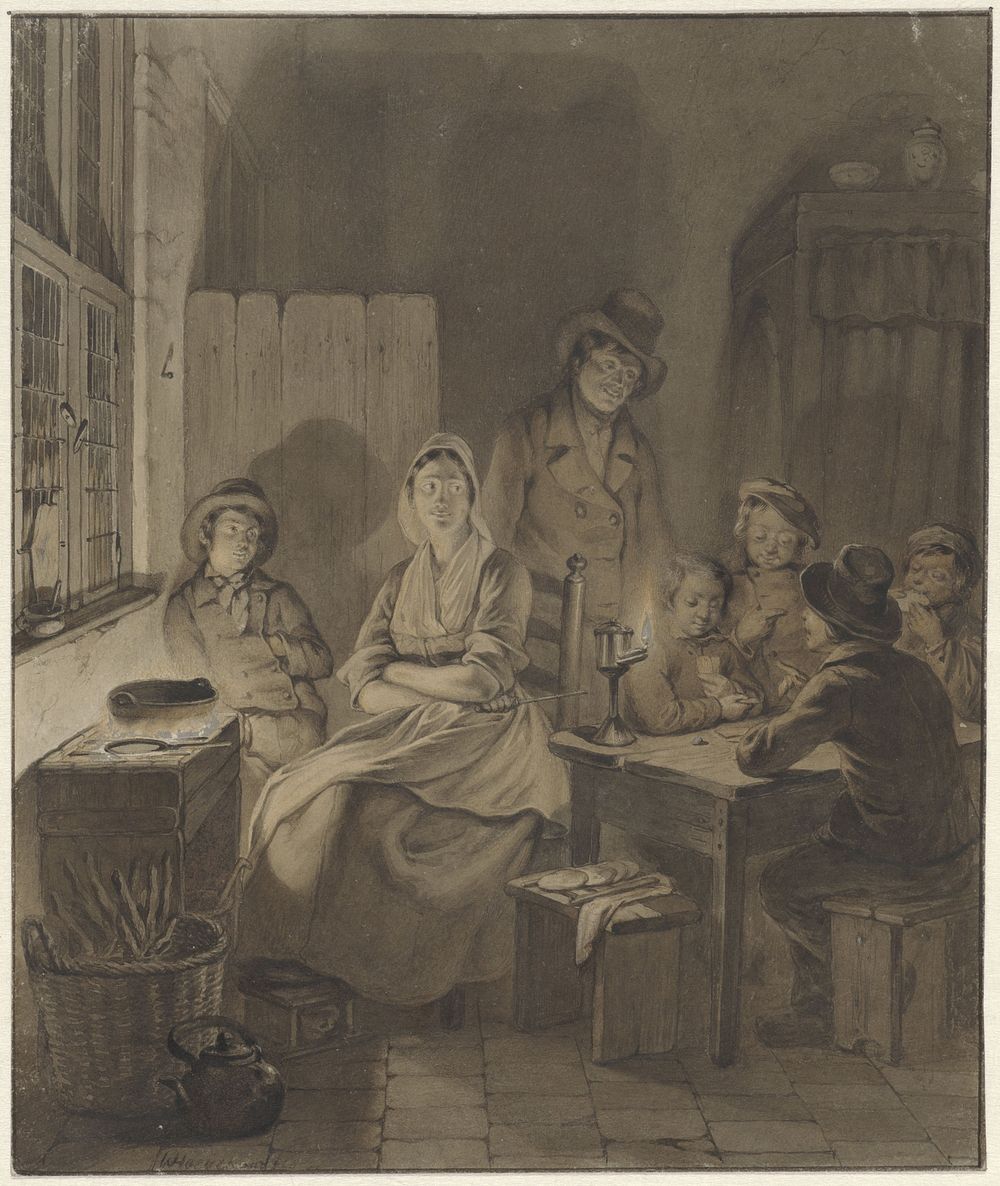 Interieur met groep mensen rond tafel bij kaarslicht (1818 - 1863) by Willem Pieter Hoevenaar