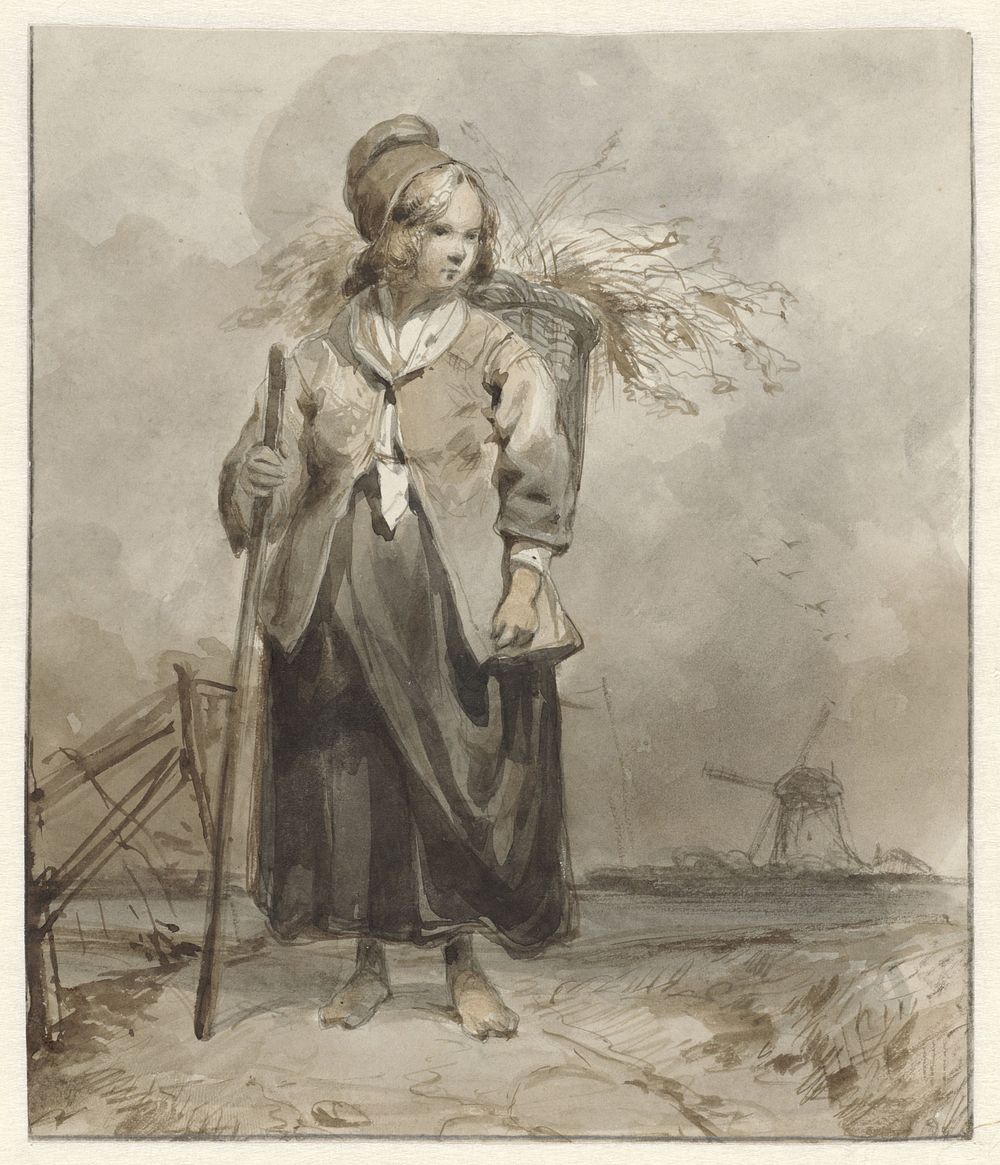 Staande vrouw met stok en mand op de rug (1834 - 1862) by Pieter Marinus van de Laar
