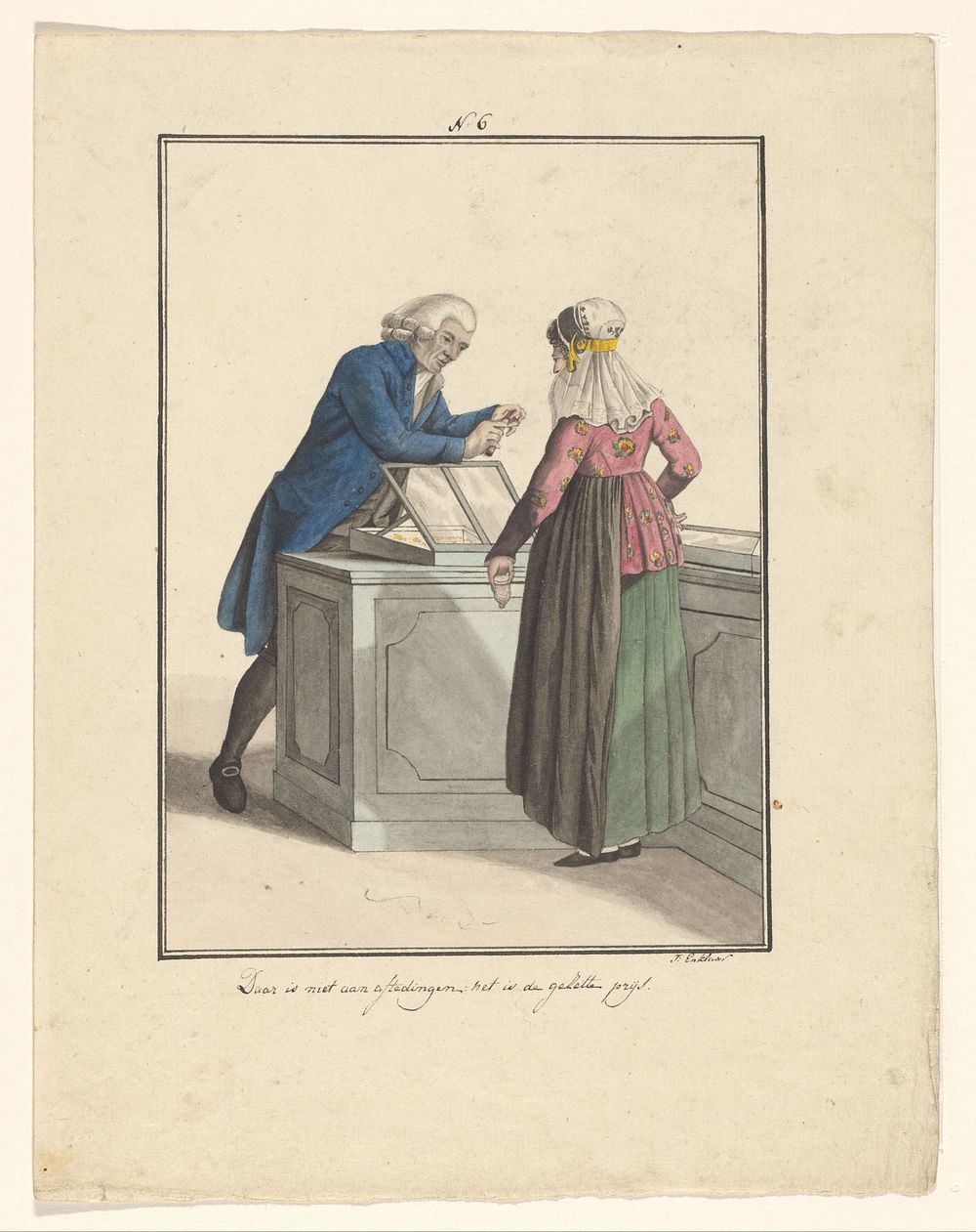 Winkelier van de Evangelische Broedergemeente met een klant (in or after 1803 - c. 1899) by J Enklaar and Ludwig Gottlieb…