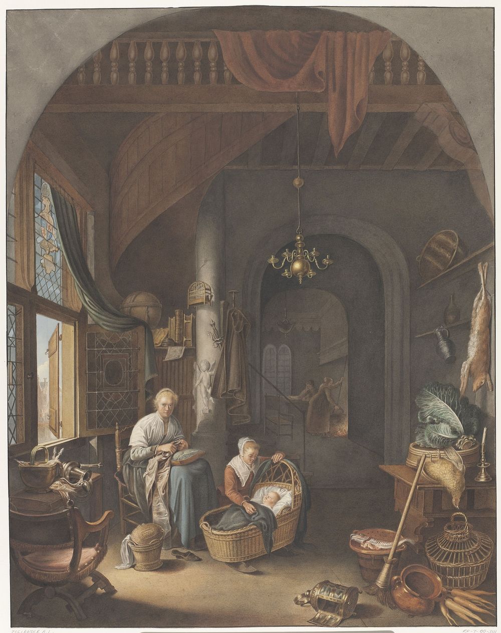 Interieur met moeder en kinderen (1799 - 1856) by Abraham Lion Zeelander and Gerard Dou