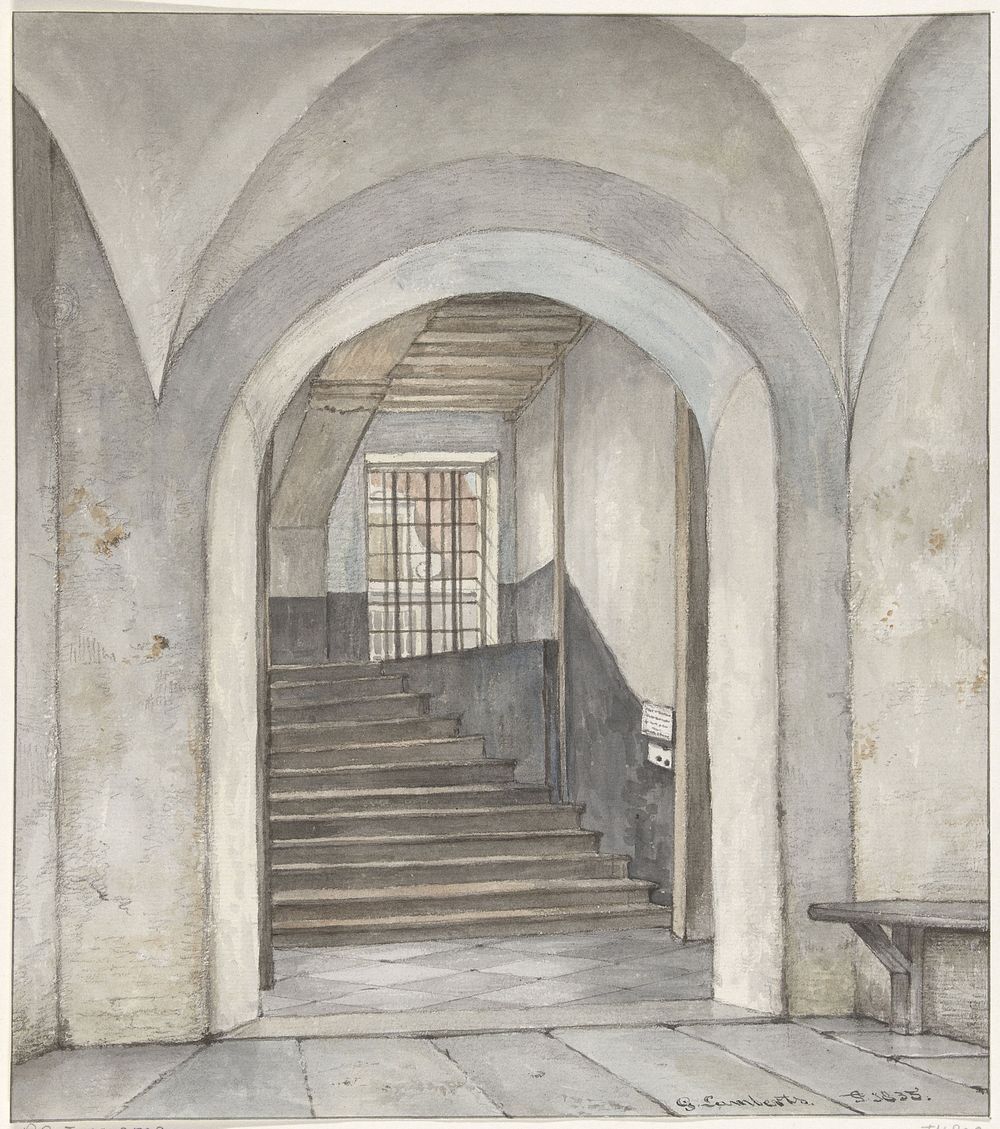De trap waar Willem van Oranje is vermoord, de kogelgaten en het tekstbordje (1835) by Gerrit Lamberts