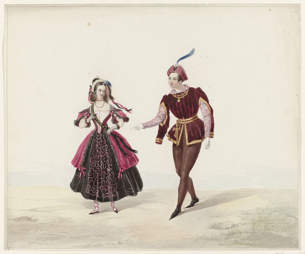 Man en vrouw in historisch kostuum, 1841 (1841) by Huib van Hove Bz