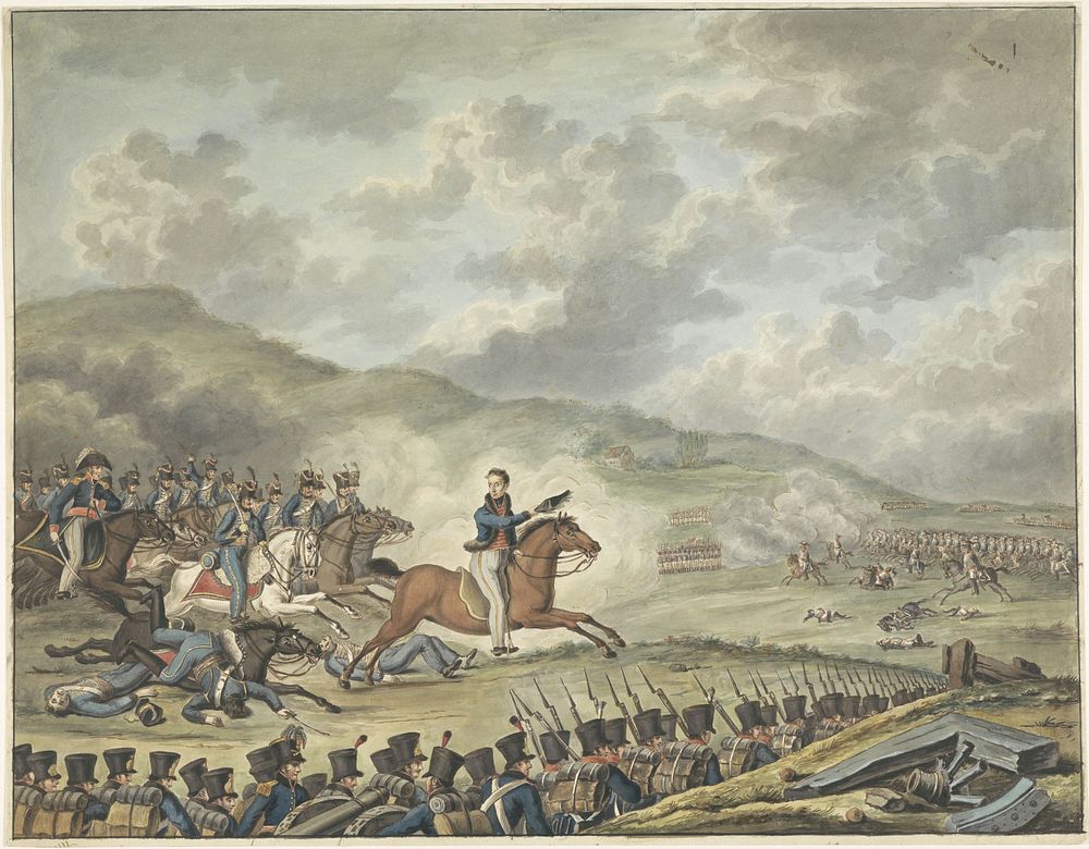 Prins van Oranje leidt de Nederlandse troepen bij Quatre-Bras, 1815 (1815) by anonymous
