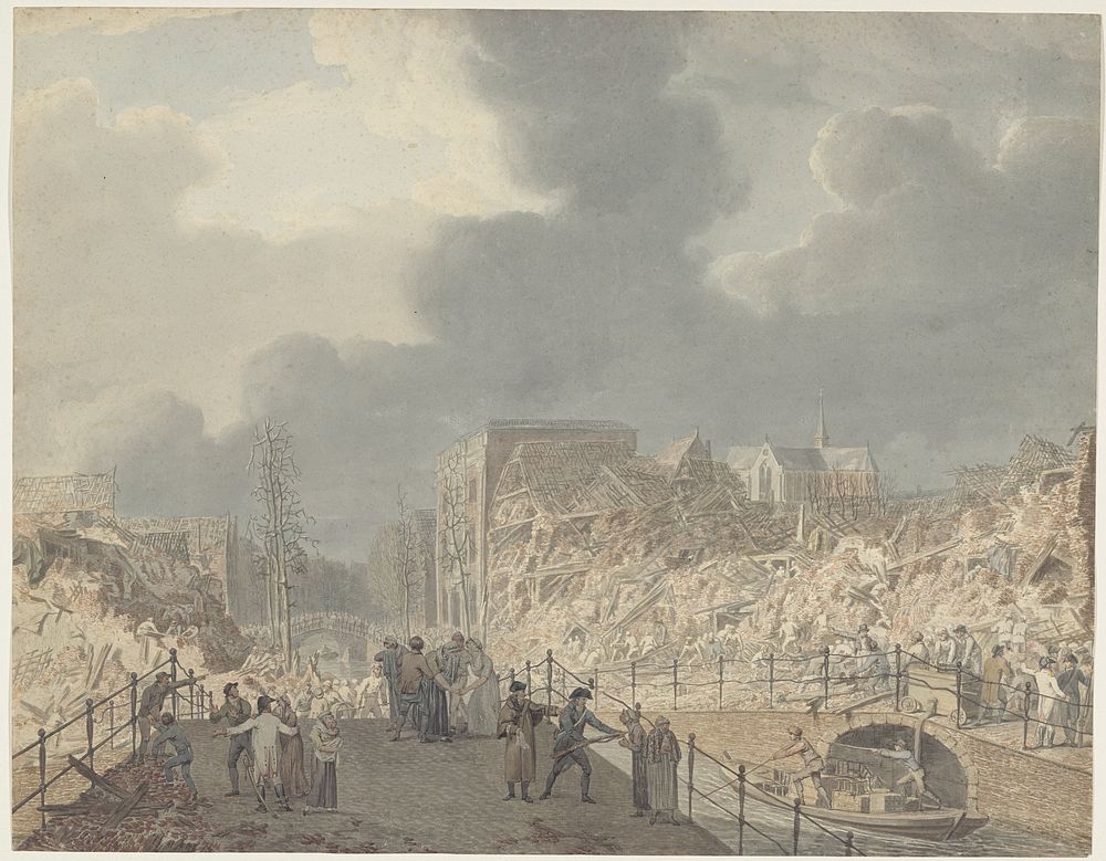 Gezicht op de ruïnes op het Rapenburg te Leiden na de ontploffing van het kruitschip op 12 januari 1807 (1807 - 1809) by Jan…