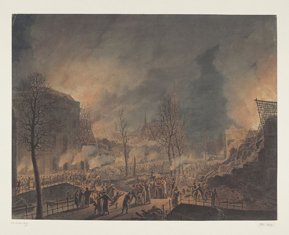 Lodewijk Napoleon bezoekt de ruïnes op het Rapenburg te Leiden na de ontploffing van het kruitschip op 12 januari 1807 (1807…